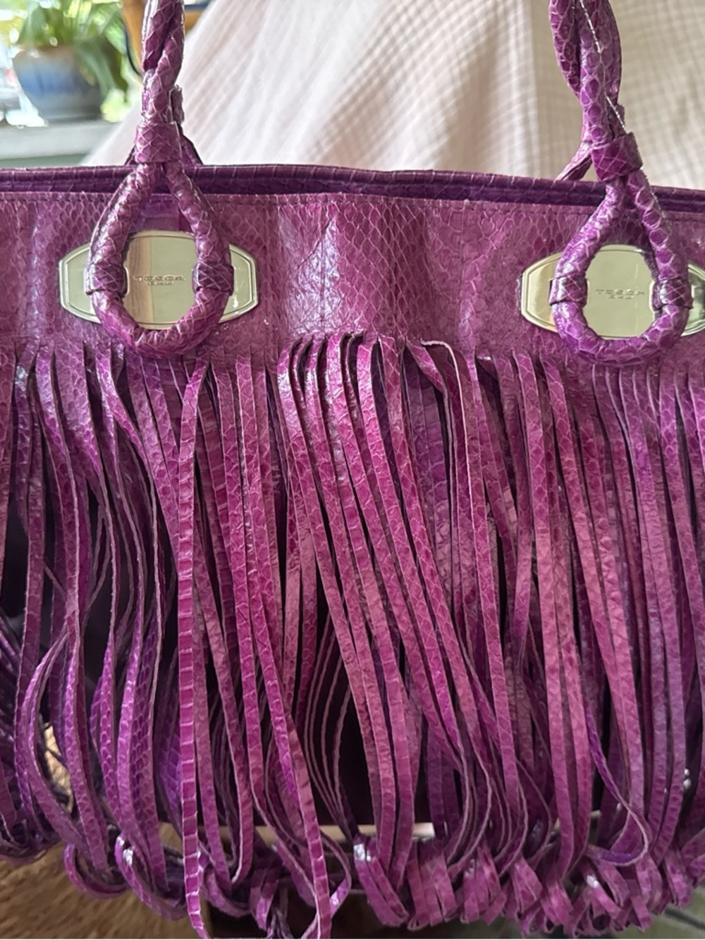 TOSCA BLU Purple Fringe Shoulder Bag with Braided Handles, 100% snakeskin, NWOT